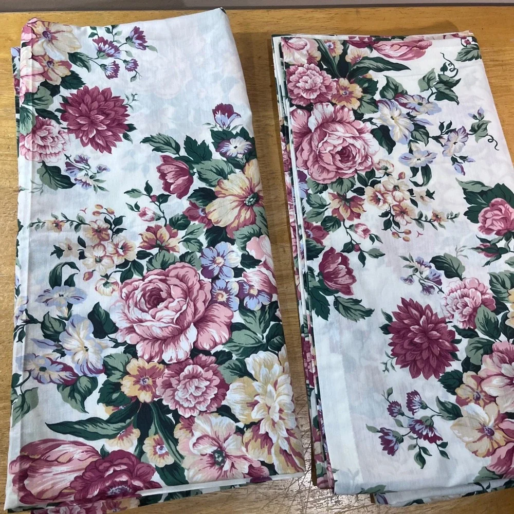 Vtg Floral Chintz Curtain Panels Set of 2 Pink Burgundy Garden 42x84